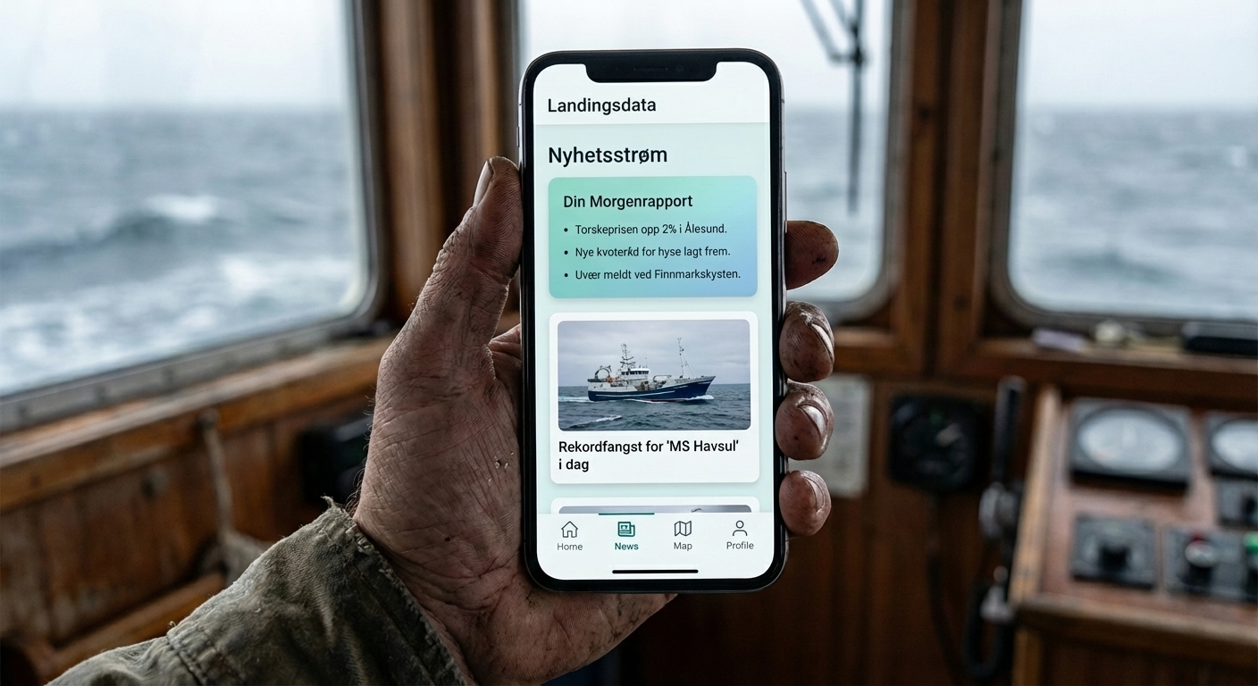 A futuristic interface showing news articles related to fishing.